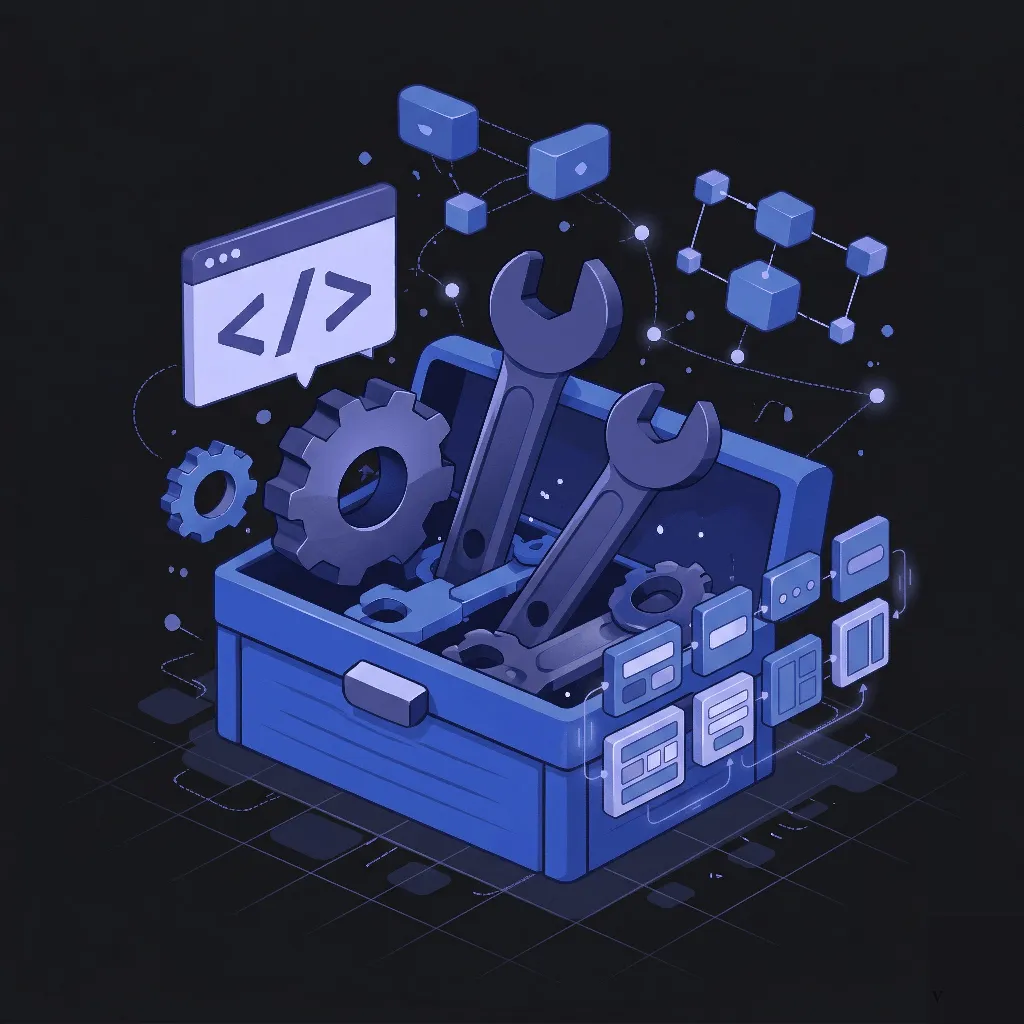 Abstract illustration of a developer toolkit with gears, wrenches and code brackets